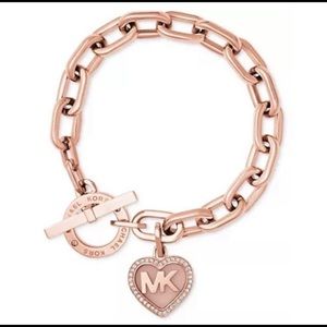 New With Tag Michael Kors Rose Gold Toggle Pave Logo Heart Bracelet